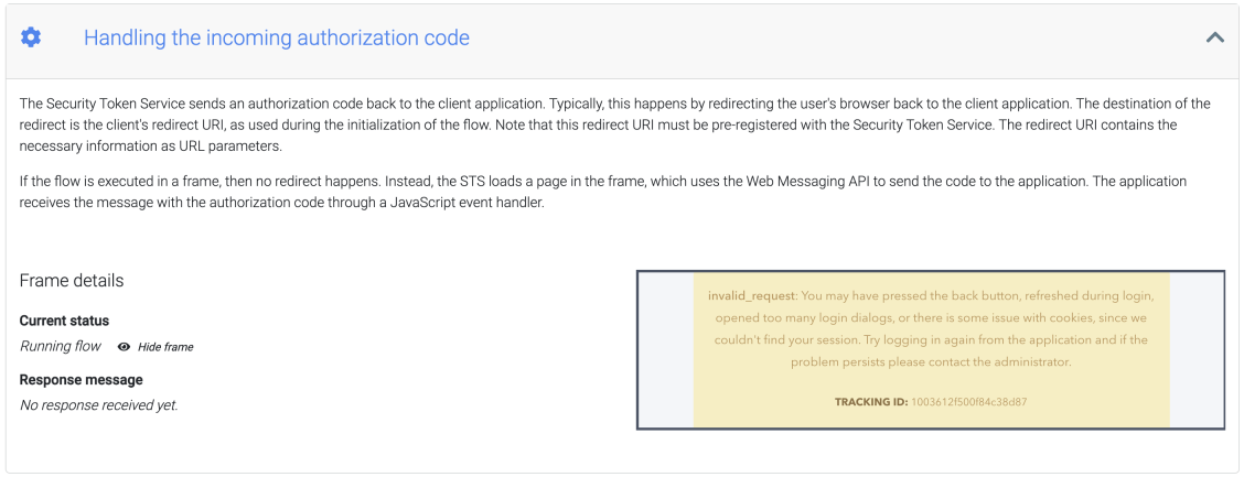 The STS displays an error page stating that there is no active session