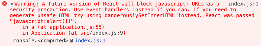 React throws a warning when it encounters a dangerous JavaScript URL during development
